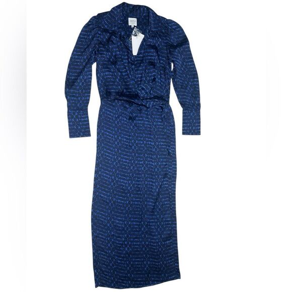 NWT MISA Los Angeles Valentina Chiffon Long Sleeve Wrap Front Dress Dark Blue - Picture 3 of 12